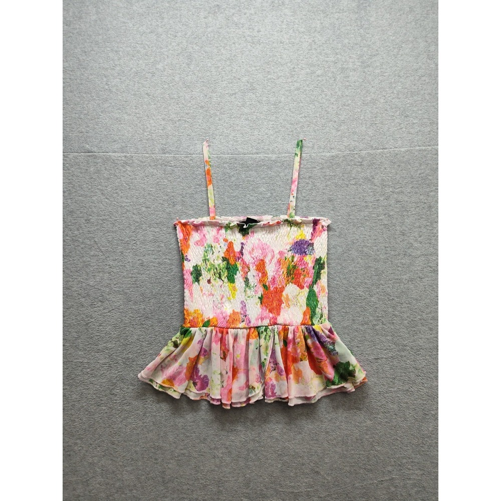 H&M Women Cami Top S Pink Floral Smocked Babydoll Ruffle Sleeveless Summer Beach